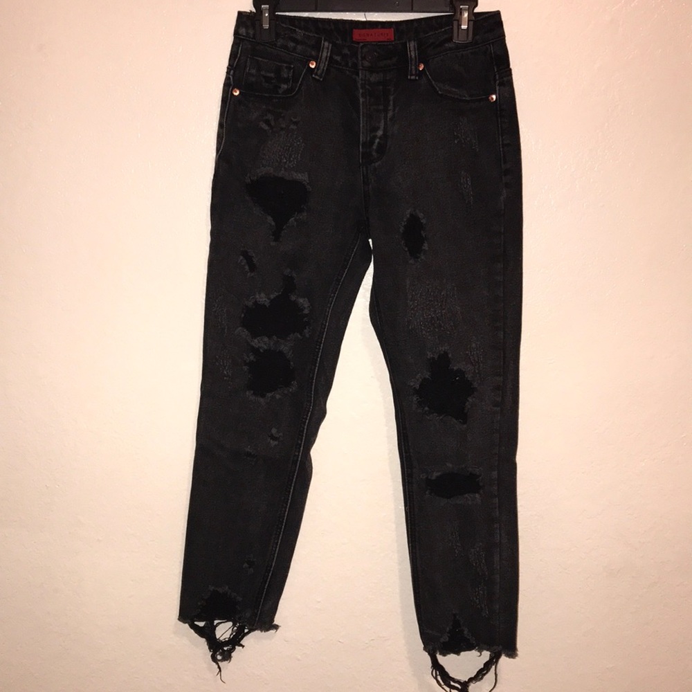 Ripped black mineral wash mom jeans